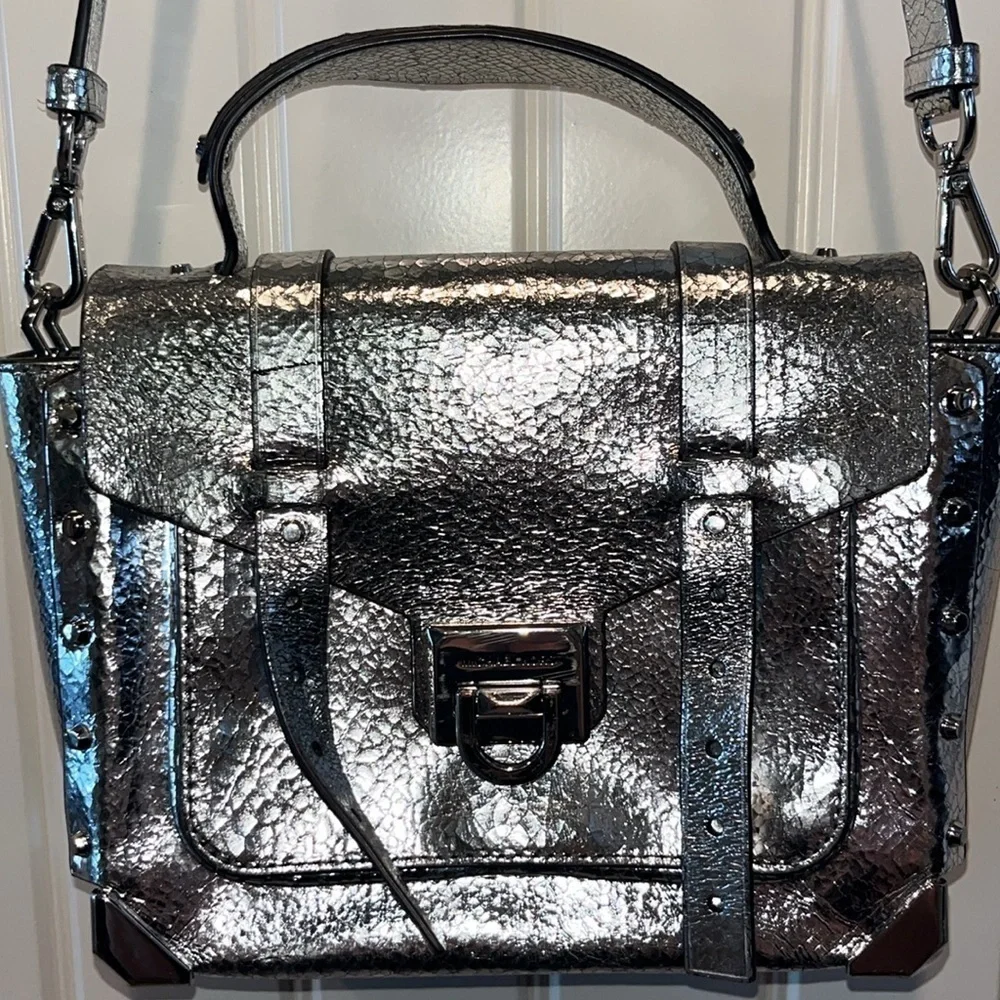 Michael Kors Silver Leather Satchel Handbag cyberpunk Avant Garde artsy unique